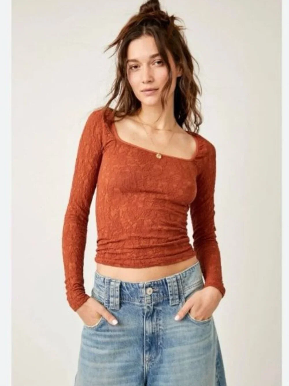 Free People Intimately Have It All Long Sleeve Textured Top Rust M/L